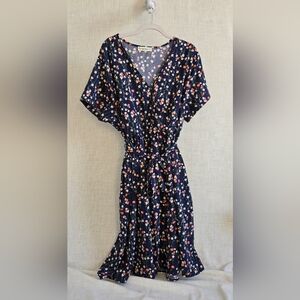 Nemidor Navy Floral Midi Dress w Tie Waist & Pockets Size 16 Women's Like New